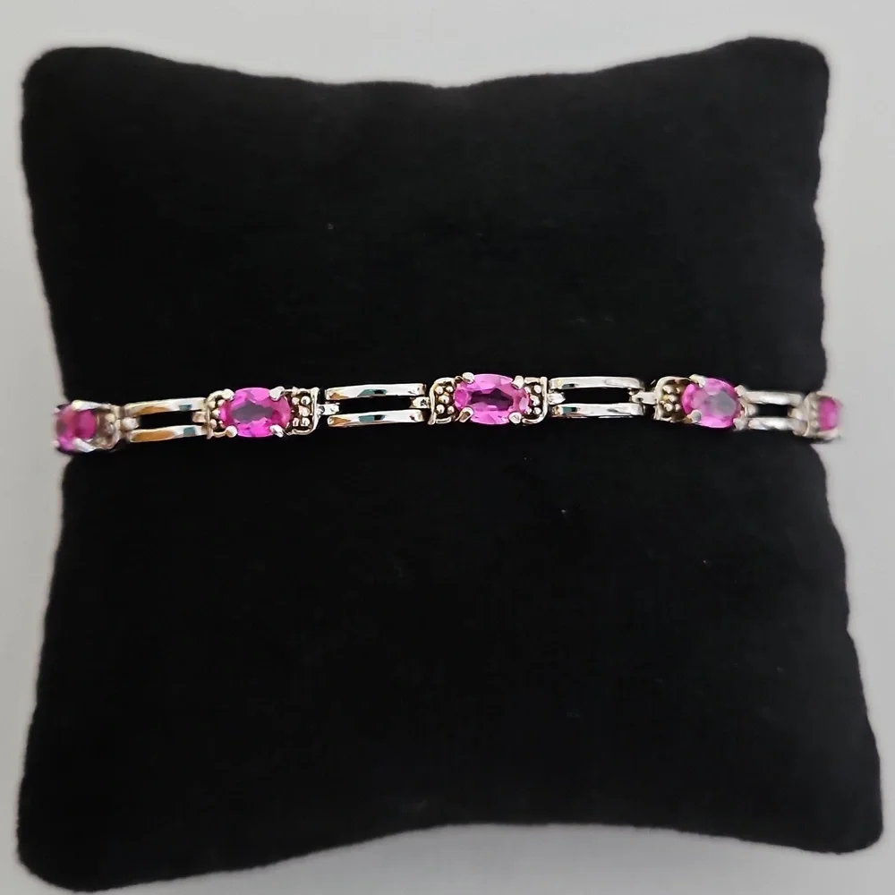 Signature Sterling Silver Pink Rhinestone Tennis Bracelet - Picture 2 of 16